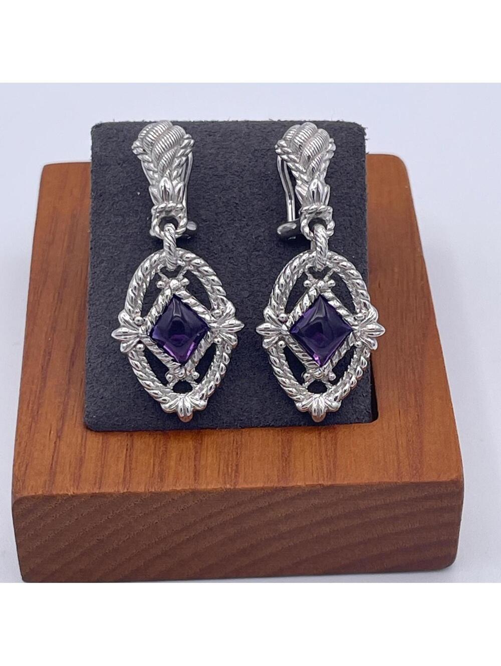 RARE Judith Ripka Sterling Silver 925 Amethyst Drop Earrings Rope Omega Back